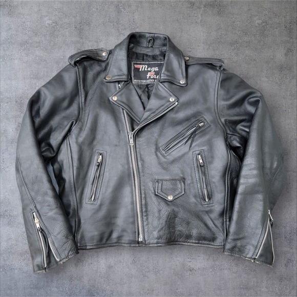 Other - Mega Force Leather Motorcycle Jacket‎ Black Mens Size Large 44 No Tag Vintage